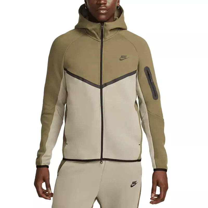 Nike Tech Fleece Full Zip Hoodie Track Jacket - Olive, White