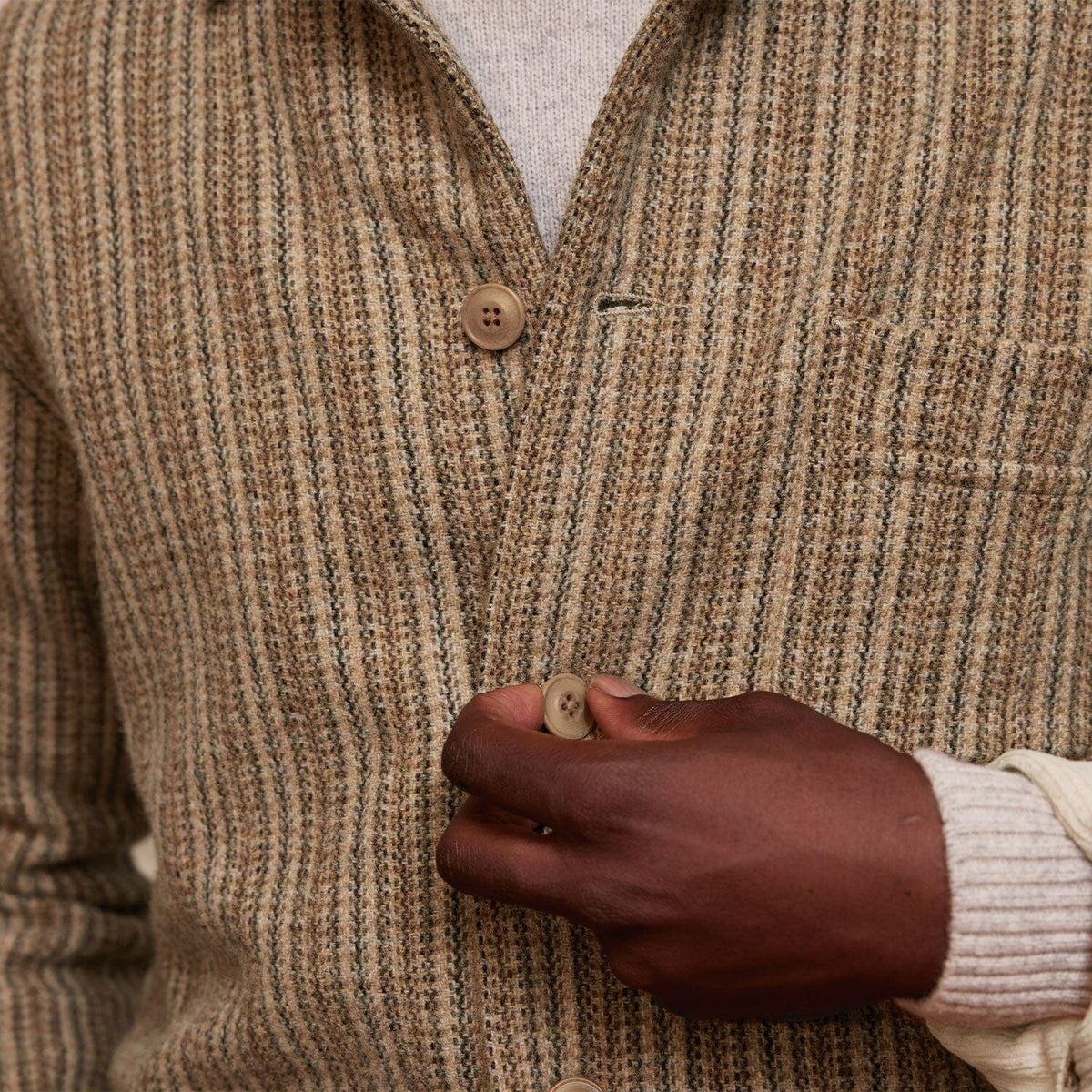 Veste De Travail En Laine Beige À Motifs À Col Contrasté