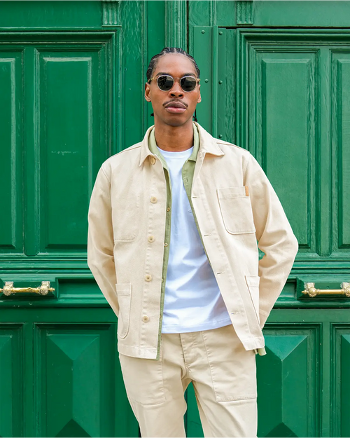 veste de travail en twill beige - détails de face