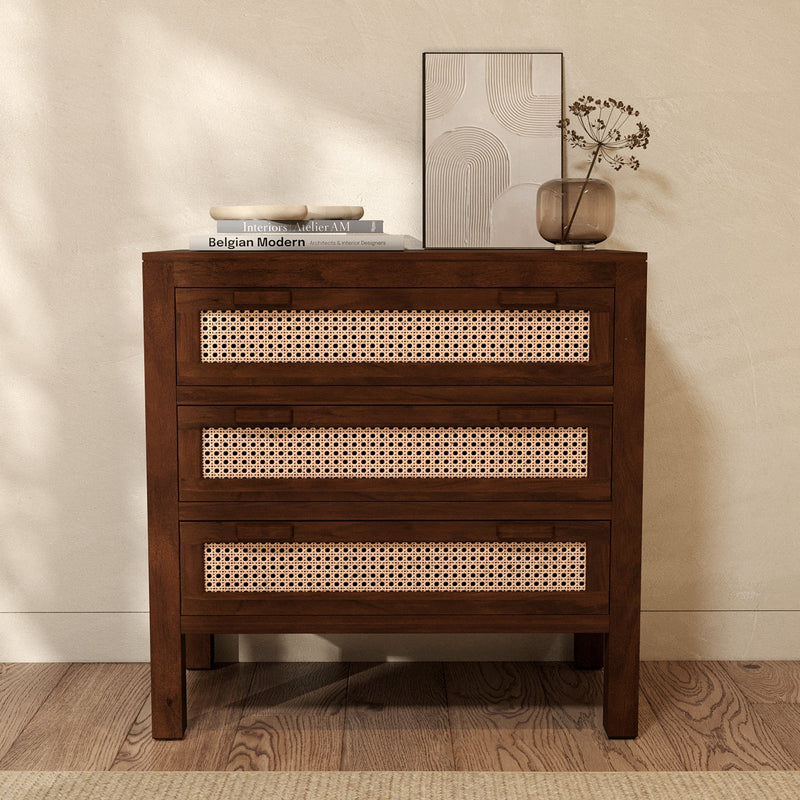 Commode Tiki en bois de manguier et cannage