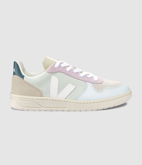 Veja - Baskets V 10 Cuir Suédé Jade Blanc Multicolore - Femme