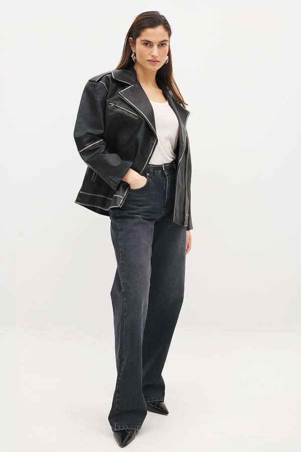 Veste Washed Out Pu Biker - Noir