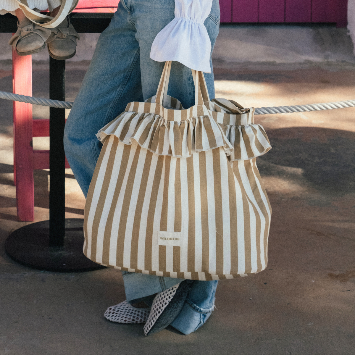 Sac Porté Épaule À Volants Beige Rayé