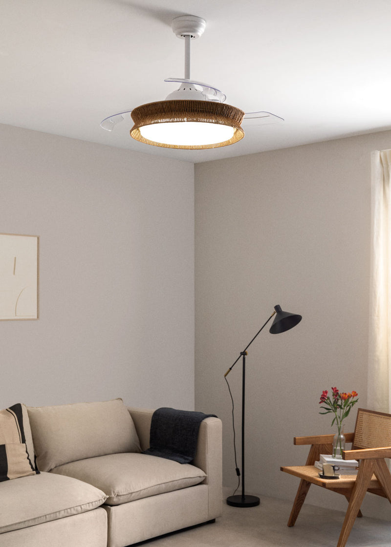 Wind Clear Rattan M - Ventilador de techo silencioso con aspas retráctiles e iluminación LED - Trenzado