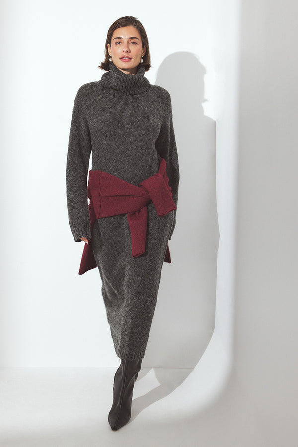 Robe Wool Blend Knitted Midi - Gris Chiné Foncé