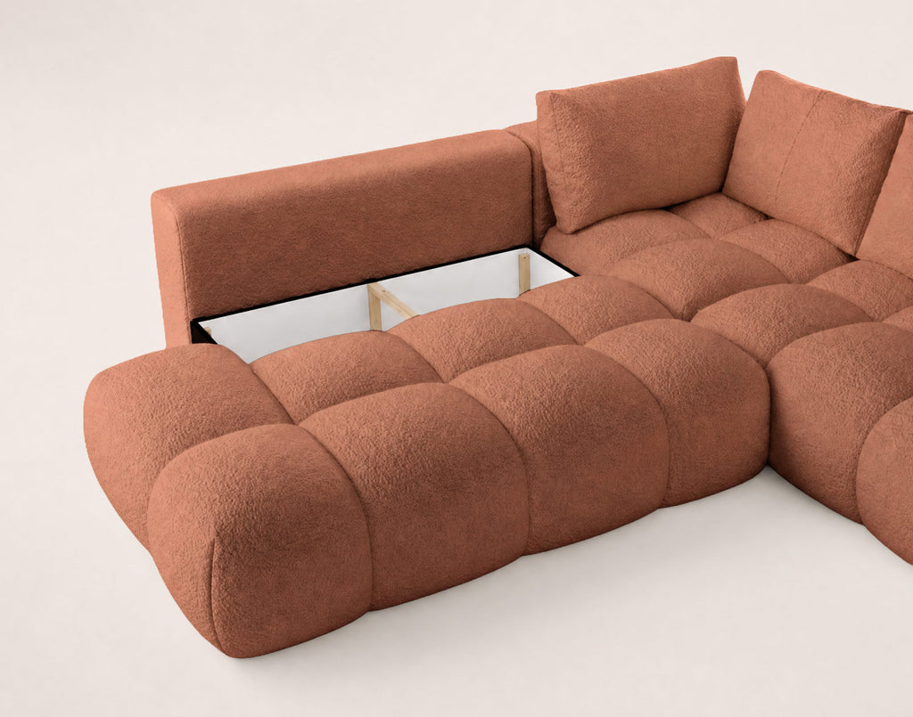Yulin - L-Shaped 5-Seater Sofa Bed with Storage - Bouclé Fabric - Rust