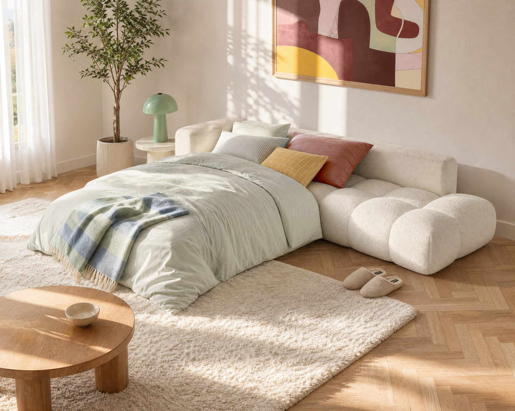 Yulin - 5-Seater L-Shaped Corner Sofa Bed with Storage - Bouclé Fabric - Beige