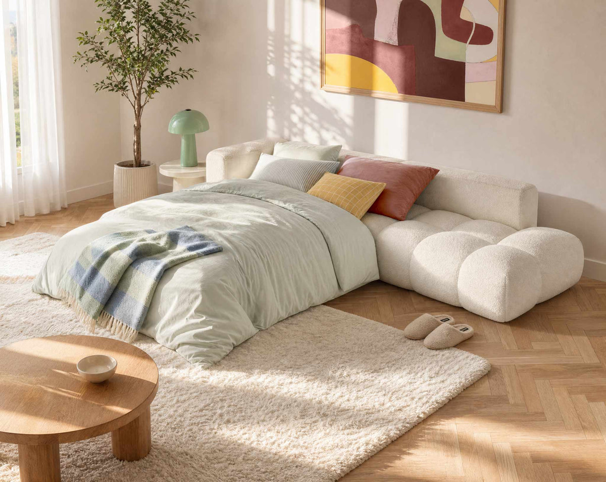 Yulin - 5-Seater L-Shaped Corner Sofa Bed with Storage - Bouclé Fabric - Beige