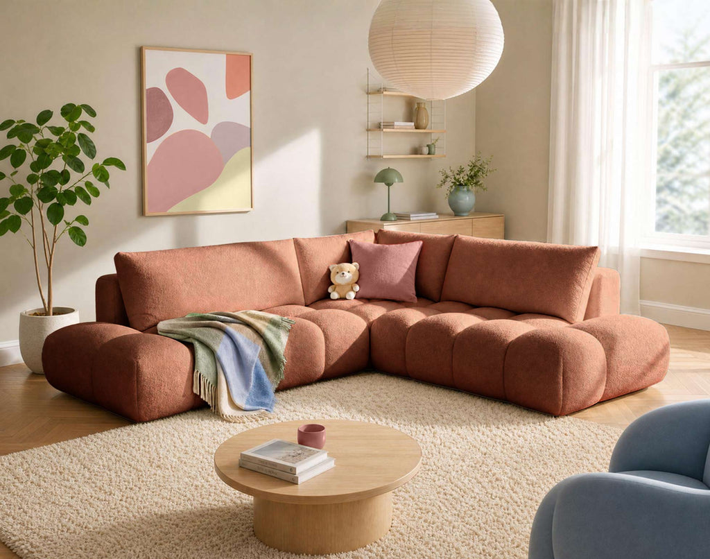 Yulin - L-Shaped 5-Seater Sofa Bed with Storage - Bouclé Fabric - Rust