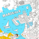 Détail du poster Marseille à colorier avec carte illustrée des calanques et du Mucem