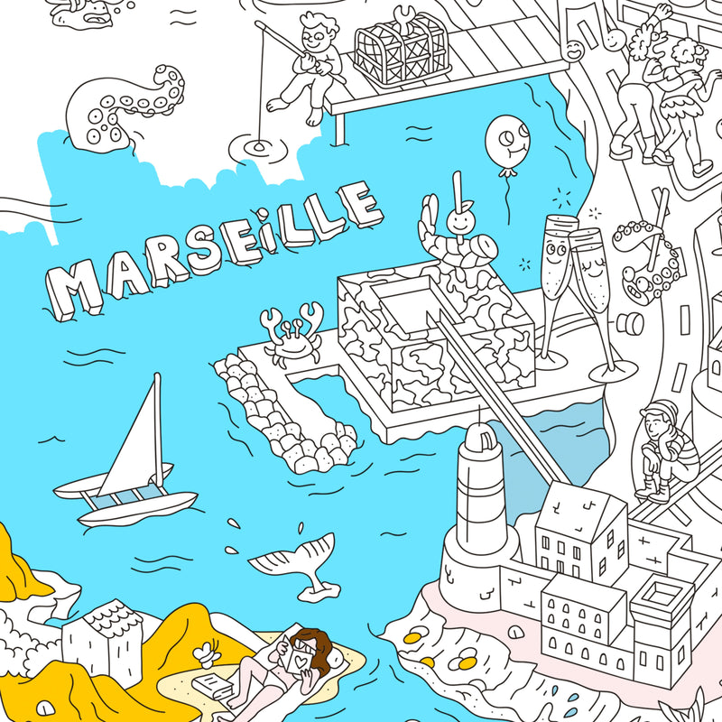 Détail du poster Marseille à colorier avec carte illustrée des calanques et du Mucem