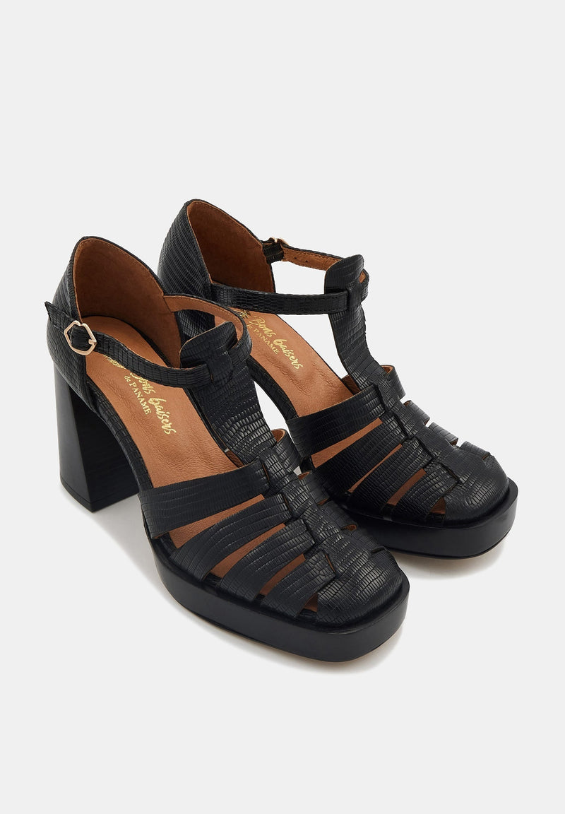 Sandales À Talons Carrie - Cuir Façon Lézard Noir