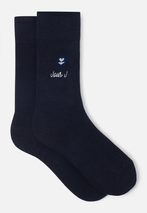 Lucas Bleu Marine Brodé "Jour J" - Chaussettes Mi-Hautes