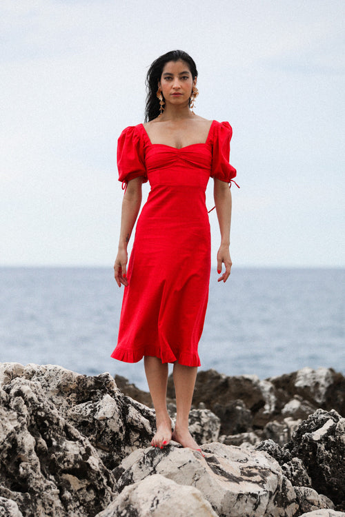 Puff Sleeve Linen Stretch Mix Midi Dress - Red