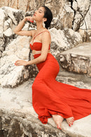 Open Back Chiffon Maxi Dress with Cutouts - Rust