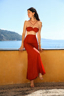 Open Back Chiffon Maxi Dress with Cutouts - Rust