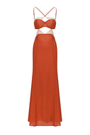 Open Back Chiffon Maxi Dress with Cutouts - Rust