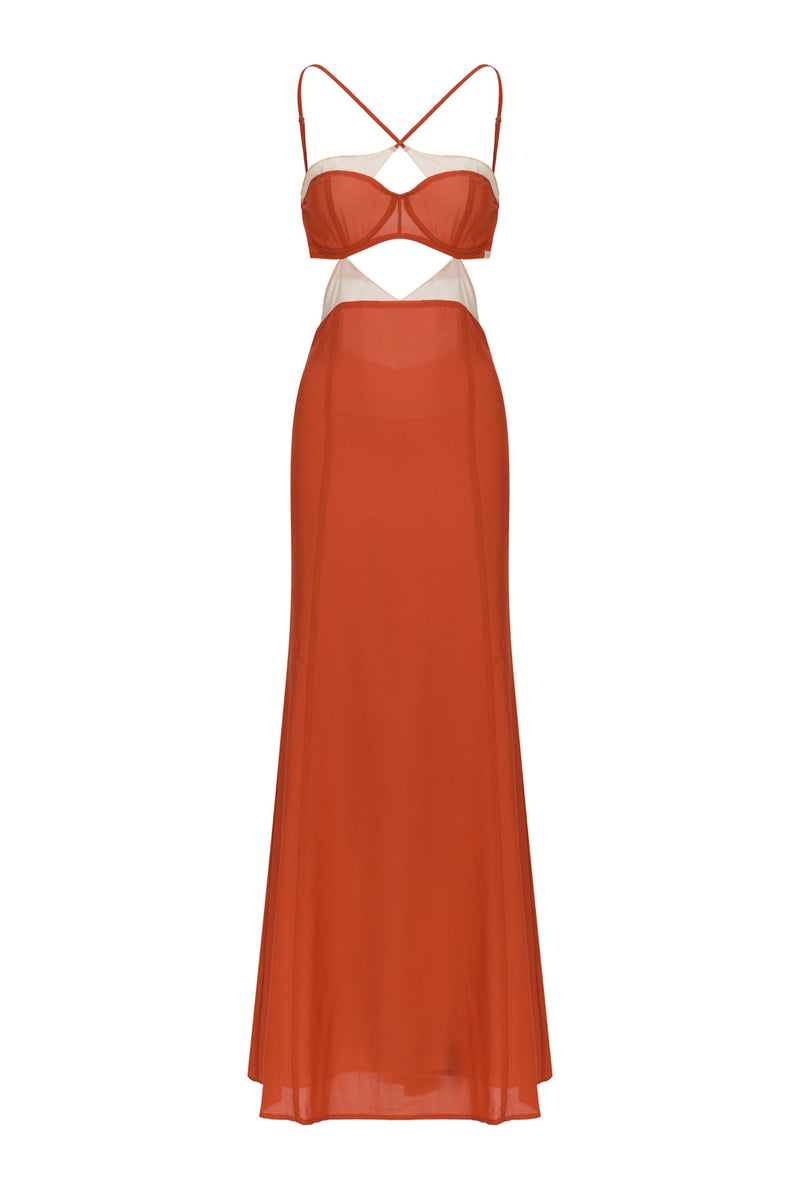 Open Back Chiffon Maxi Dress with Cutouts - Rust