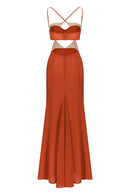 Open Back Chiffon Maxi Dress with Cutouts - Rust