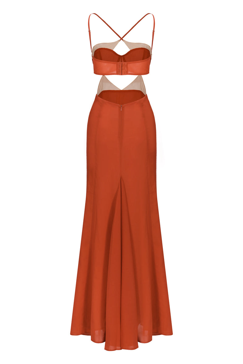 Open Back Chiffon Maxi Dress with Cutouts - Rust