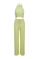Openwork Knit Uniform Halter Top and Pants - Apple Green