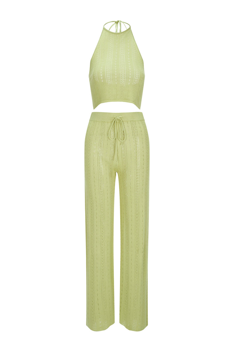 Openwork Knit Uniform Halter Top and Pants - Apple Green