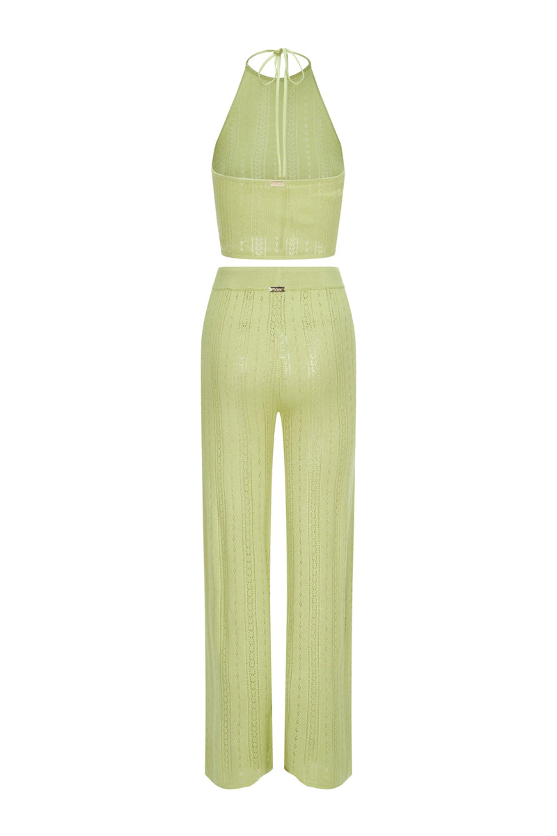 Openwork Knit Uniform Halter Top and Pants - Apple Green