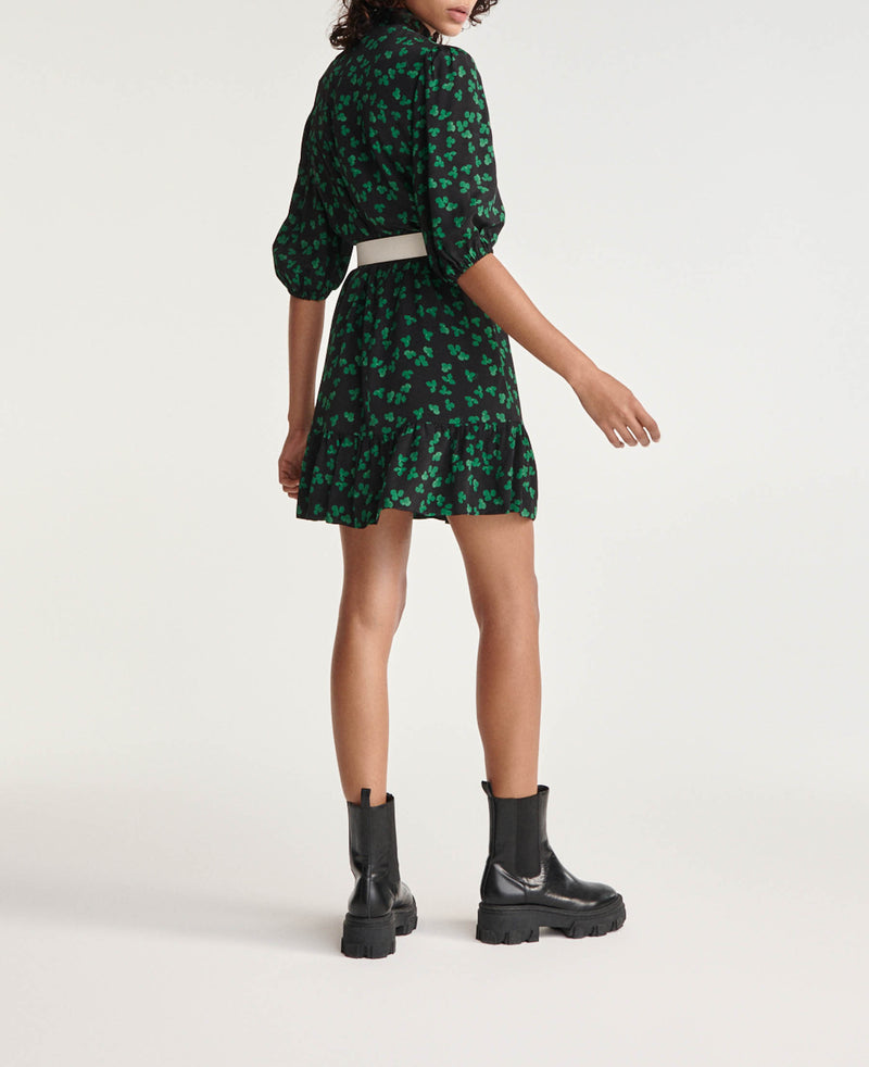 The Kooples - Black Short Dress Green Motif High Collar - Woman