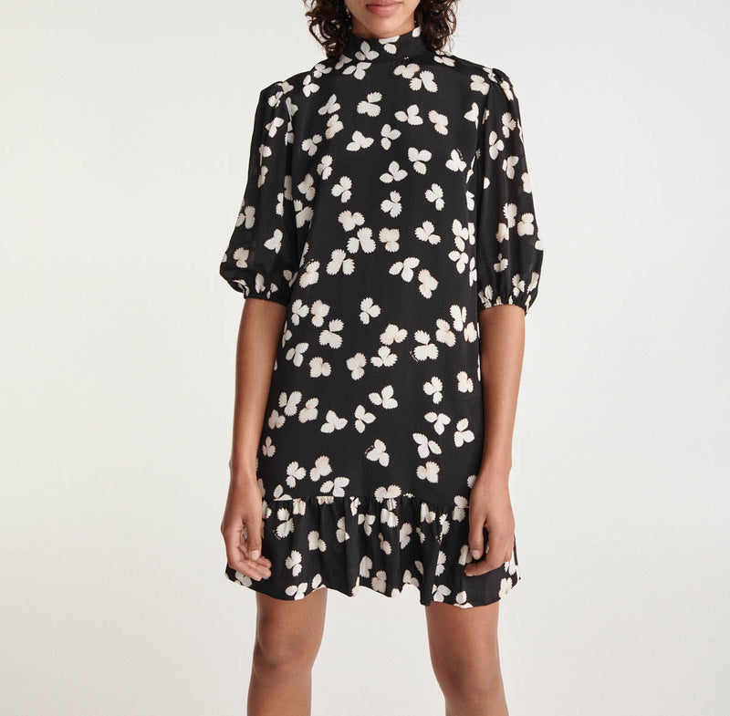 The Kooples - Black Short Dress Ecru Pattern High Collar - Woman