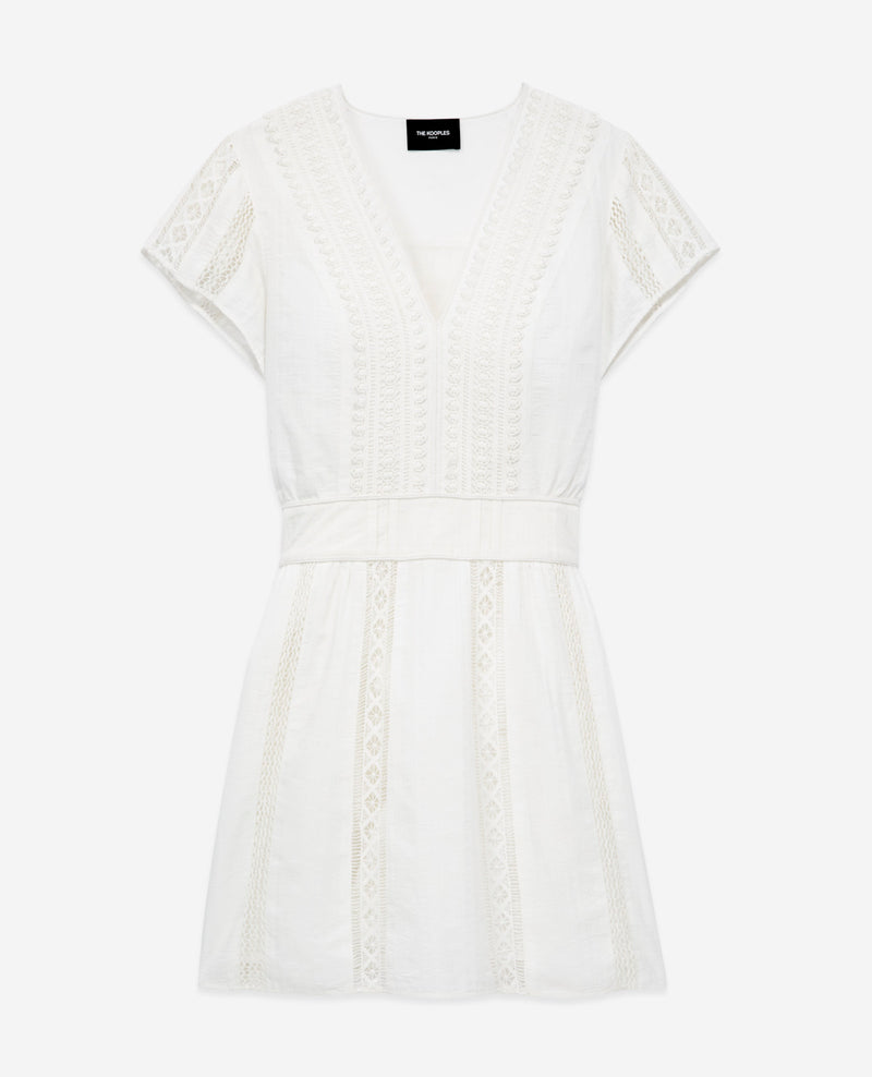 The Kooples - Robe Brodée Écrue Courte Détail Gallon - Femme