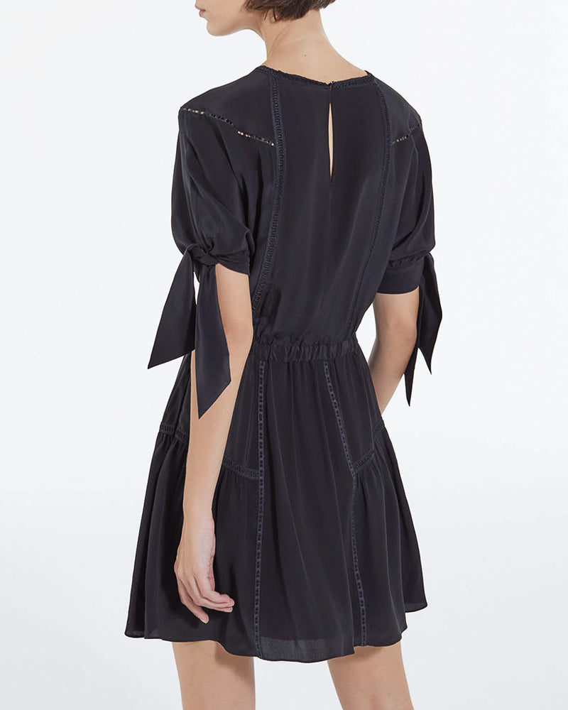 The Kooples - Robe Soie Noire Courte À Manches Nouées - Femme