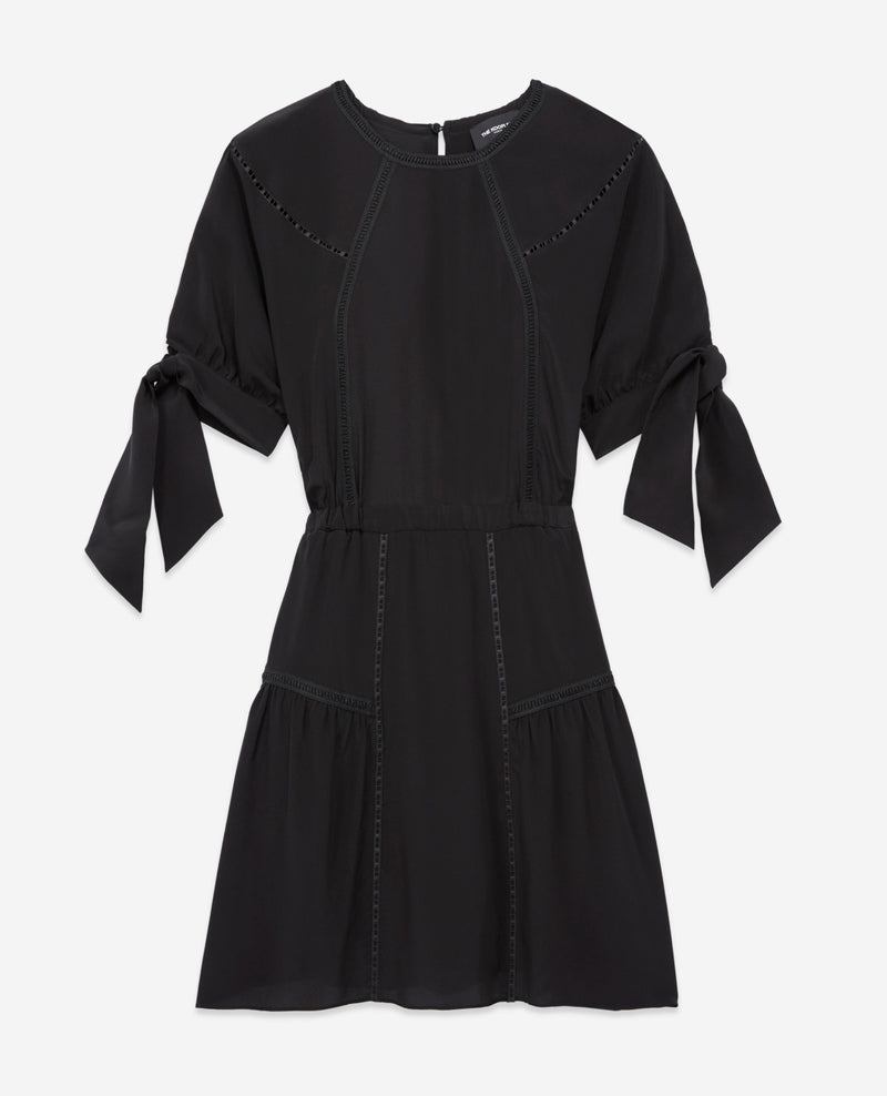 The Kooples - Robe Soie Noire Courte À Manches Nouées - Femme