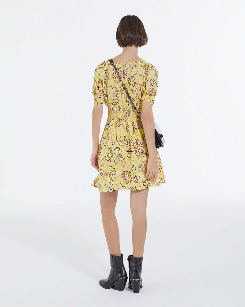 The Kooples - Robe Jaune À Fleurs Courte Manches Bouffantes - Femme