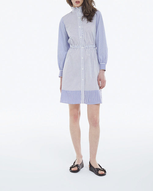 The Kooples - Robe Rayée Bleu Ciel Courte Col Montant - Femme