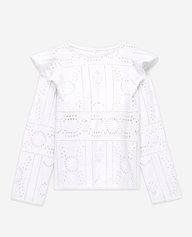 The Kooples - Top Blanc Brodé Manches Longues Volants - Femme