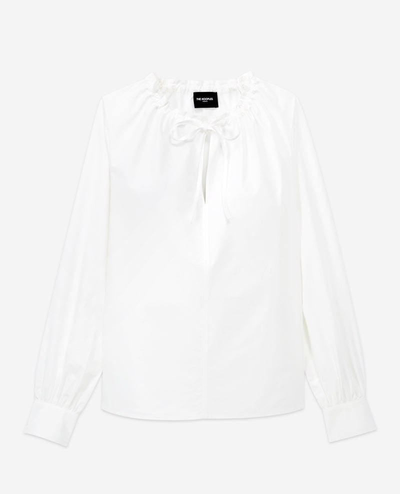 The Kooples - Top Coton Blanc Froncé Col Goutte À Liens - Femme