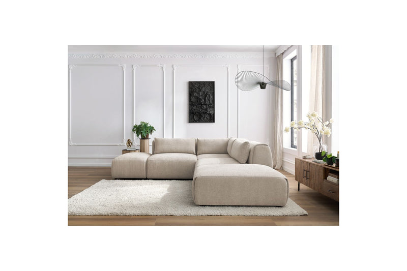 Canapé D'Angle Fixe Modulable - Jeanne - Tissu Texturé Avec 2 Chauffeuses, 1 Angle Et 2 Poufs