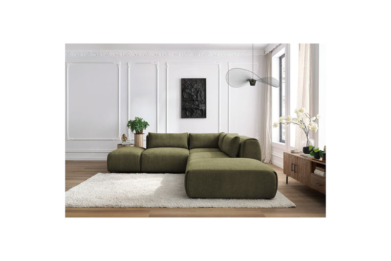 Canapé D'Angle Fixe Modulable - Jeanne - Tissu Texturé Avec 2 Chauffeuses, 1 Angle Et 2 Poufs