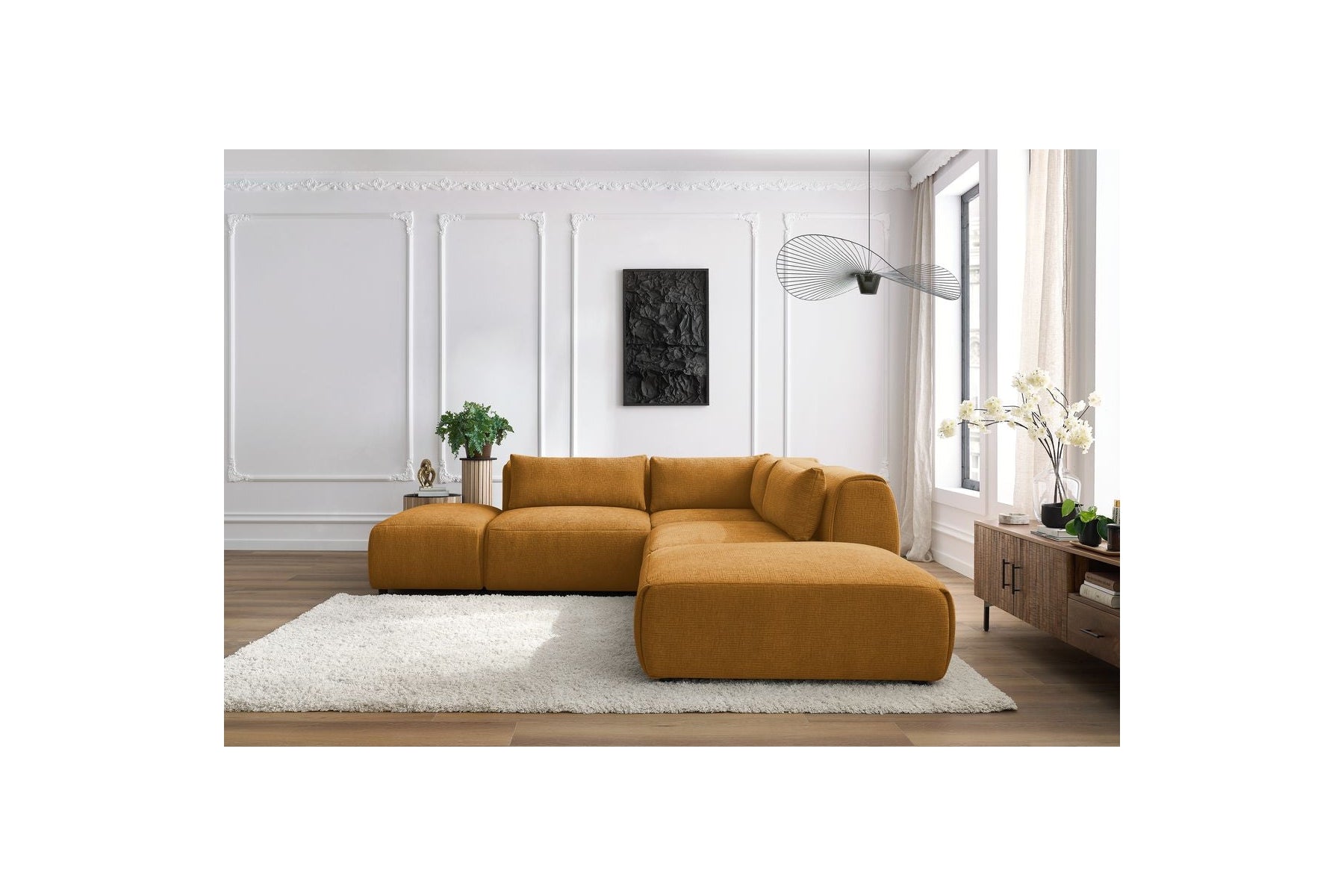 Jeanne - Fixed Modular Corner Sofa - Textured Fabric with 2 Armless Chairs, 1 Corner Unit and 2 Pouffes