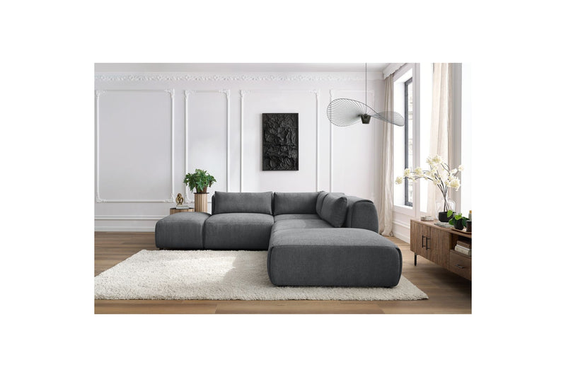 Canapé D'Angle Fixe Modulable - Jeanne - Tissu Texturé Avec 2 Chauffeuses, 1 Angle Et 2 Poufs