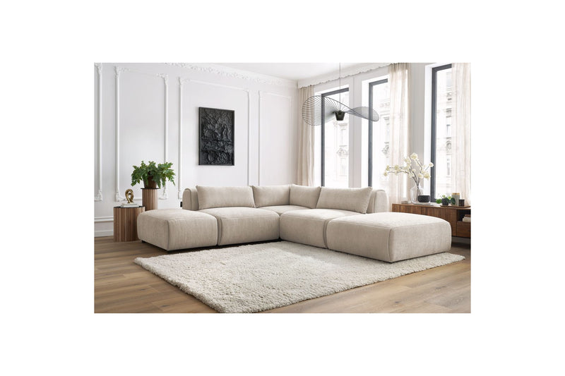 Canapé D'Angle Fixe Modulable - Jeanne - Tissu Texturé Avec 2 Chauffeuses, 1 Angle Et 2 Poufs