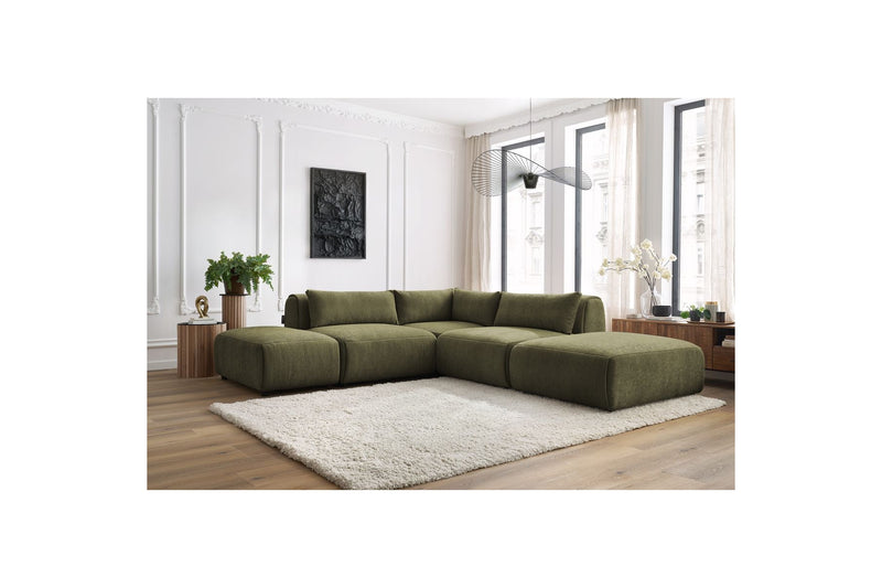 Canapé D'Angle Fixe Modulable - Jeanne - Tissu Texturé Avec 2 Chauffeuses, 1 Angle Et 2 Poufs