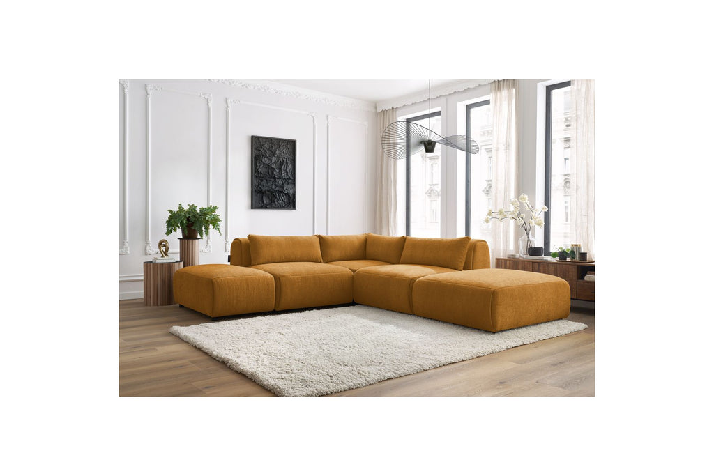 Jeanne - Fixed Modular Corner Sofa - Textured Fabric with 2 Armless Chairs, 1 Corner Unit and 2 Pouffes