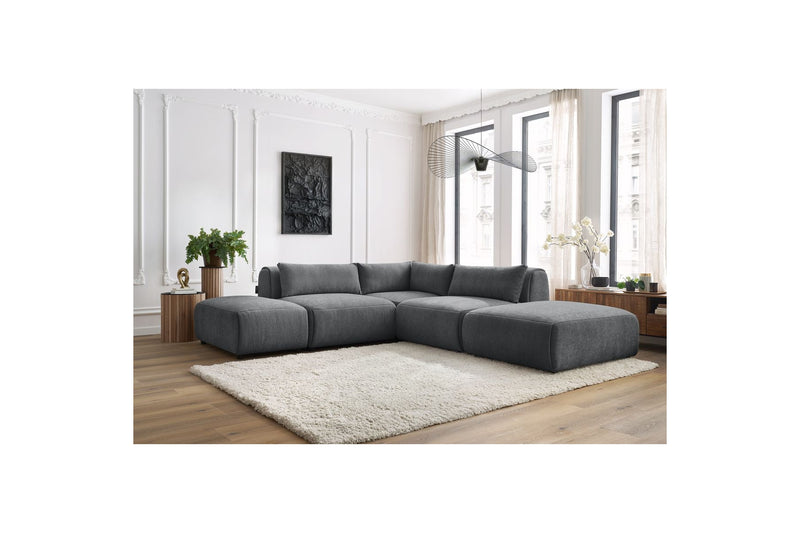 Canapé D'Angle Fixe Modulable - Jeanne - Tissu Texturé Avec 2 Chauffeuses, 1 Angle Et 2 Poufs