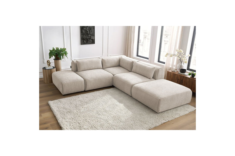 Canapé D'Angle Fixe Modulable - Jeanne - Tissu Texturé Avec 2 Chauffeuses, 1 Angle Et 2 Poufs