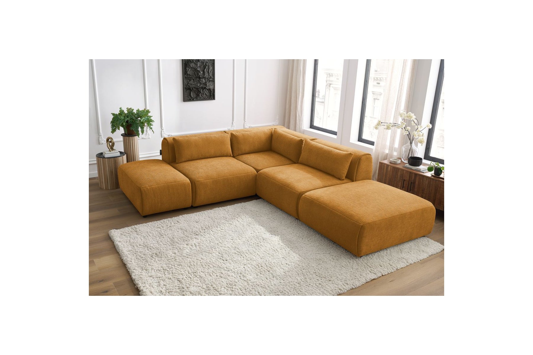Jeanne - Fixed Modular Corner Sofa - Textured Fabric with 2 Armless Chairs, 1 Corner Unit and 2 Pouffes