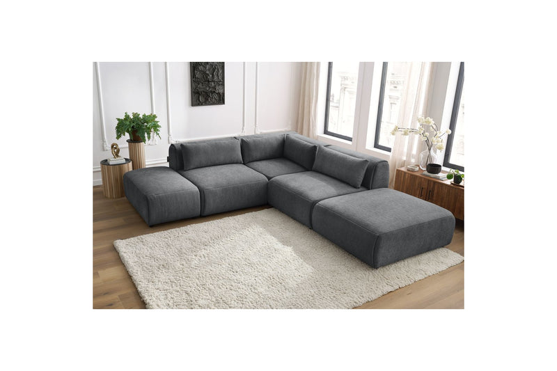 Canapé D'Angle Fixe Modulable - Jeanne - Tissu Texturé Avec 2 Chauffeuses, 1 Angle Et 2 Poufs