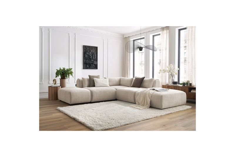 Canapé D'Angle Fixe Modulable - Jeanne - Tissu Texturé Avec 2 Chauffeuses, 1 Angle Et 2 Poufs