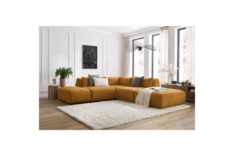 Canapé D'Angle Fixe Modulable - Jeanne - Tissu Texturé Avec 2 Chauffeuses, 1 Angle Et 2 Poufs