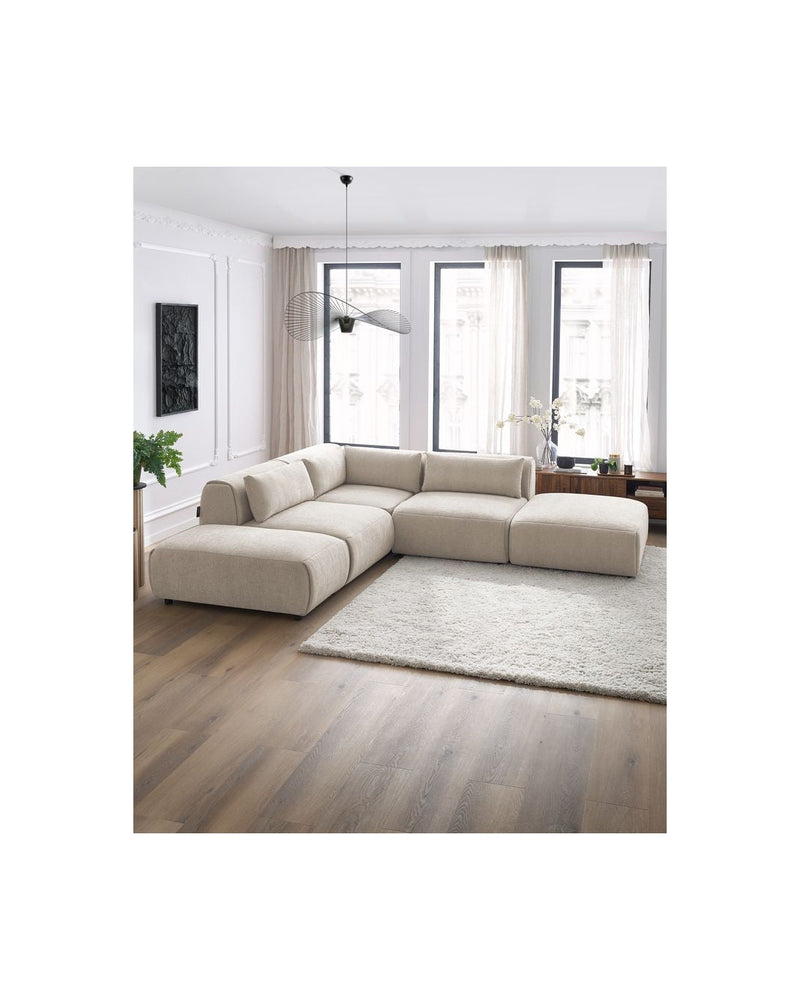 Canapé D'Angle Fixe Modulable - Jeanne - Tissu Texturé Avec 2 Chauffeuses, 1 Angle Et 2 Poufs